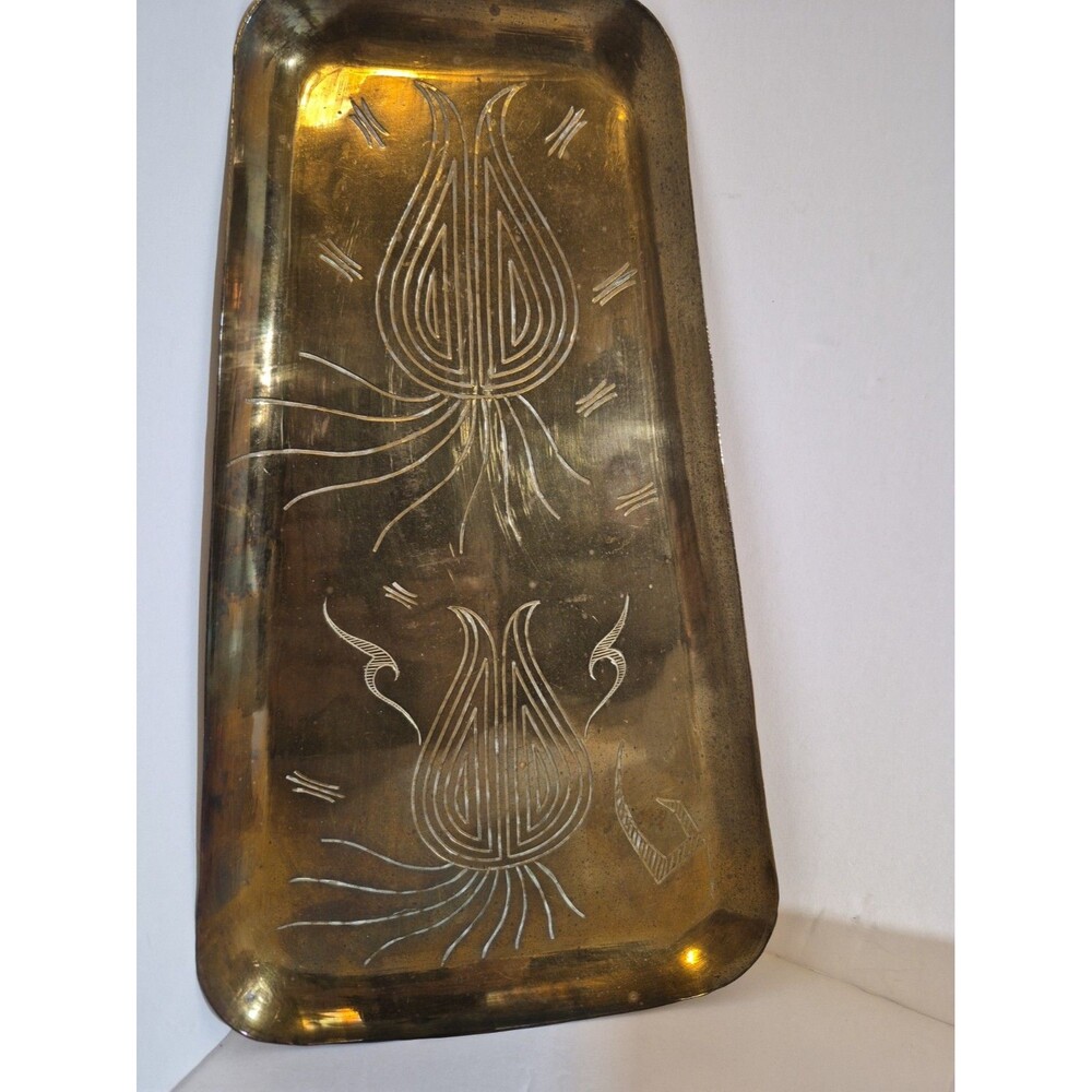 Vintage Brass Etched Trapizoid 13" Tray 333 Made In India Rounded Edges